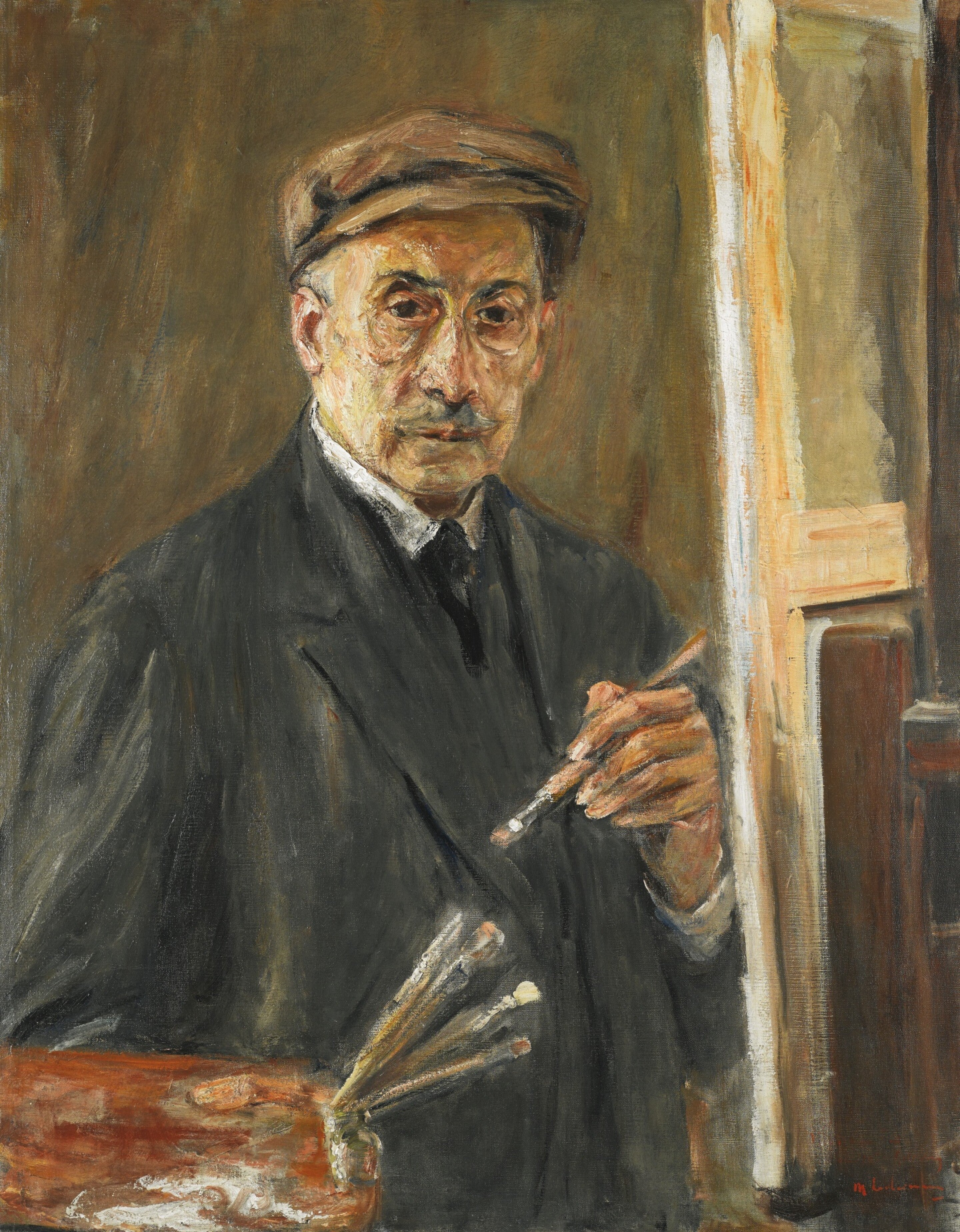 självporträtt bärande en mantel med en pensel och palett - Max Liebermann