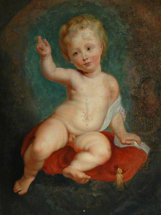 Barn som sitter på en röd kudde - Peter Paul Rubens