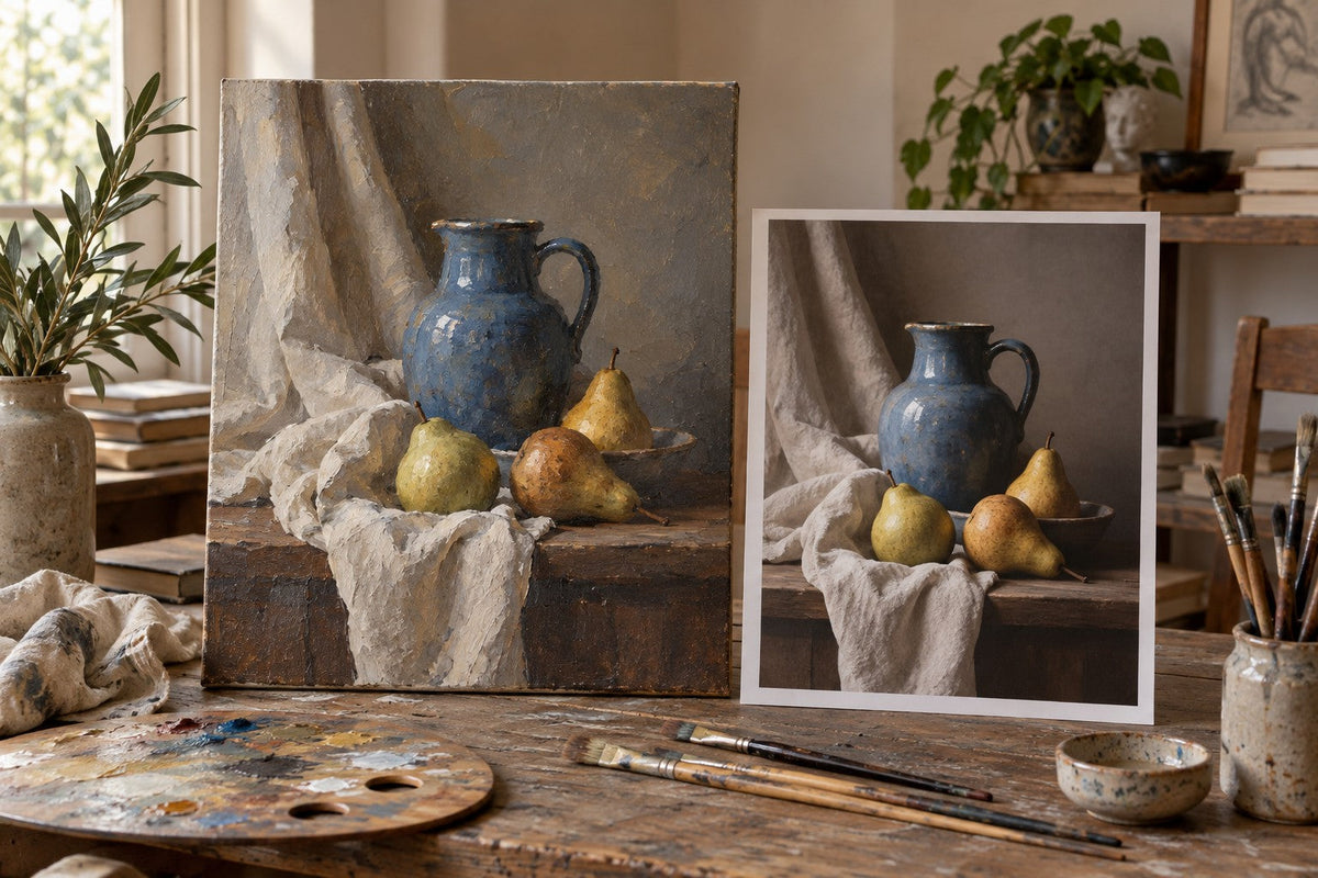 Illustration générée par IA : peinture imaginaire de nature morte et référence sur papier pour évoquer la comparaison.