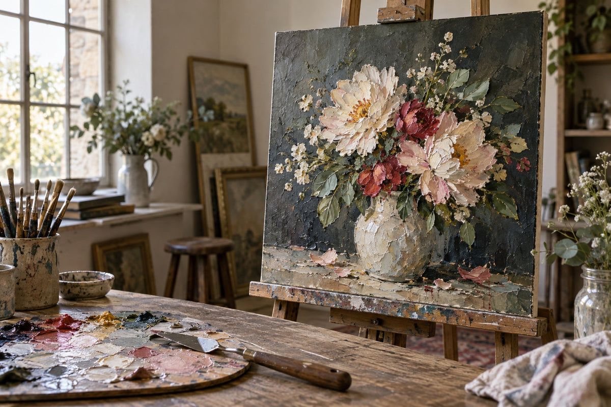 Illustration générée par IA : nature morte imaginaire avec empâtements