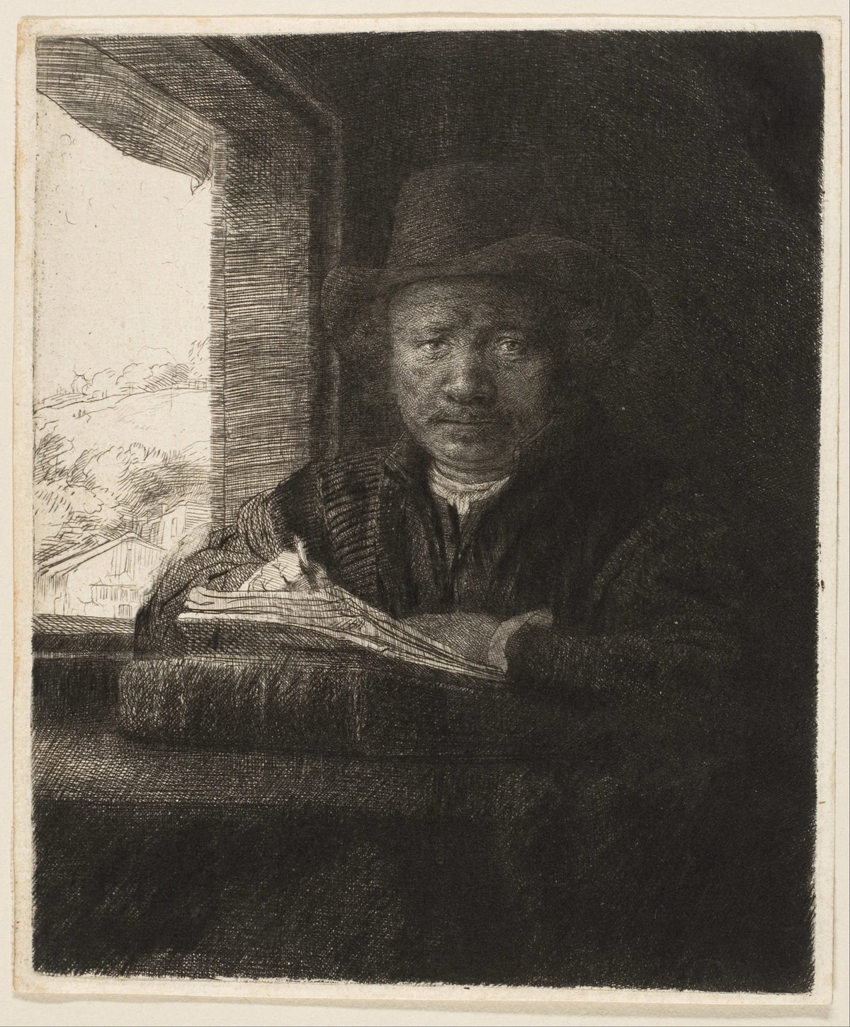 Rembrandt dessinant à la fenêtre dans son eau-forte de 1648