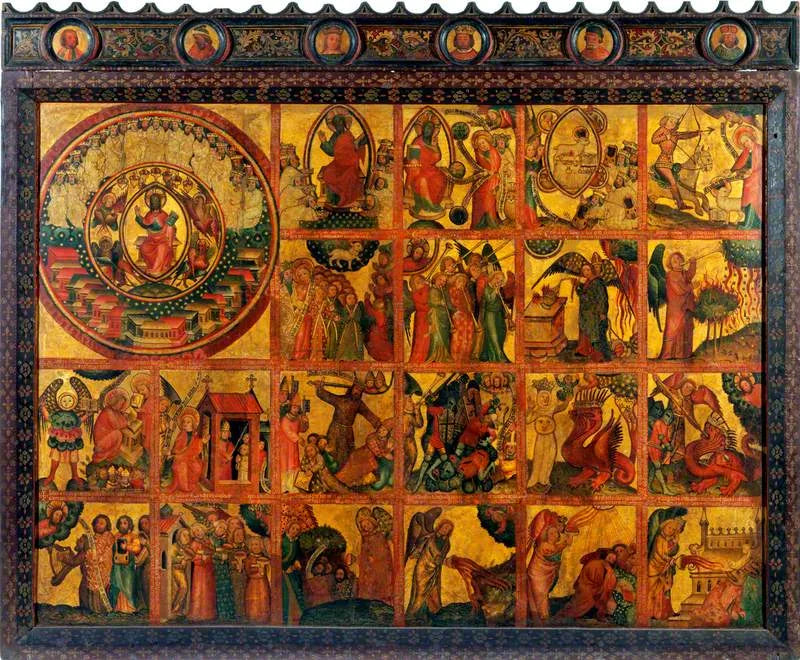 21 scener ur Uppenbarelseboken (triptyk altartavla, mittpanel) - Mästare Bertram