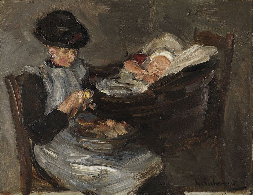 Flicka från Laren som skalar potatis med ett sovande barn i en korg - Max Liebermann