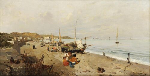 Barques et enfants sur la plage, Konstantinos Volanakis, ca 1869-1875, Oil on canvas