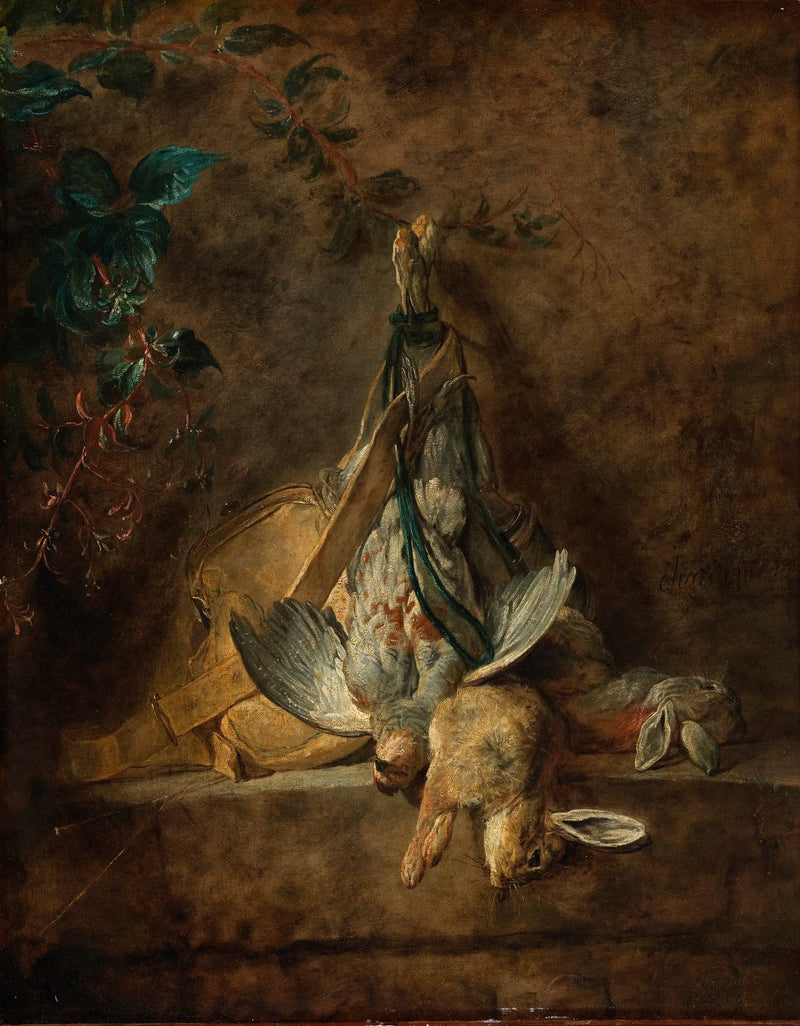 Stillleben: zwei Hasen, eine Graupärling, eine Jagdtasche und eine Pulverbirne - Jean Siméon Chardin