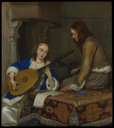 Femme jouant du théorbe et un cavalier - Gerard ter Borch