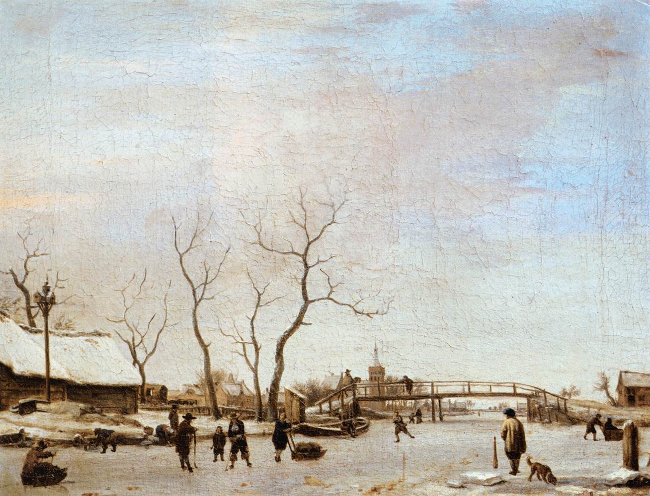 Rivière gelée avec patineurs et joueurs de hoquet - Adriaen van de Velde