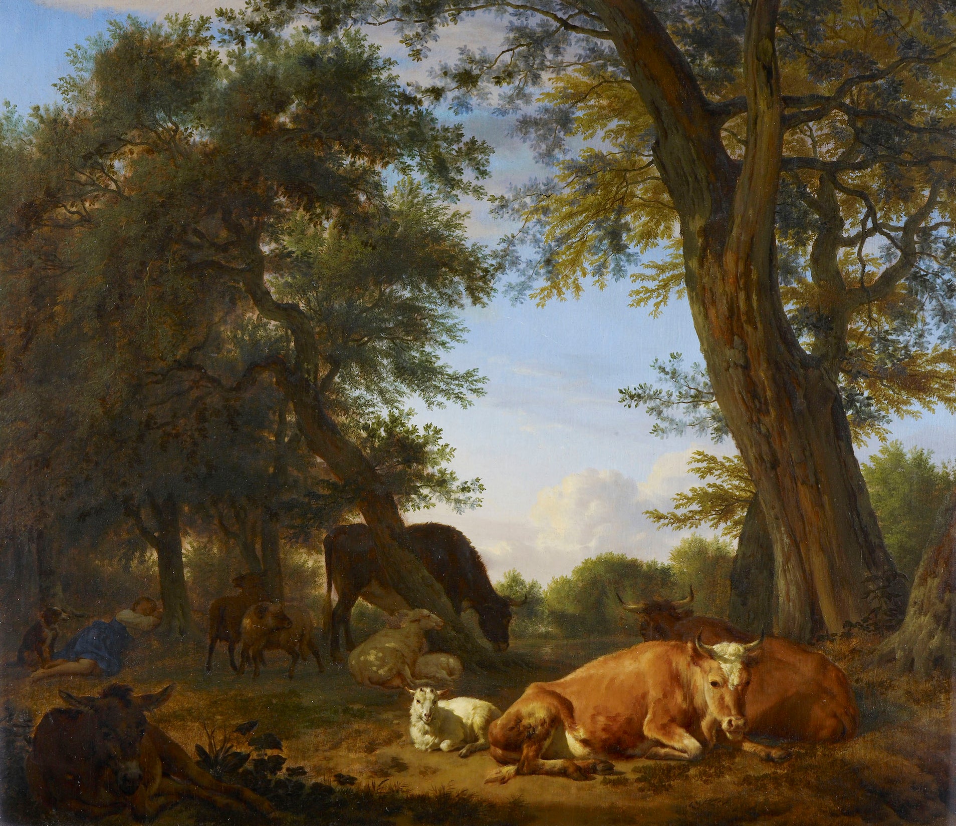 Bétail et moutons se reposant sous les arbres : une bergère endormie - Adriaen van de Velde