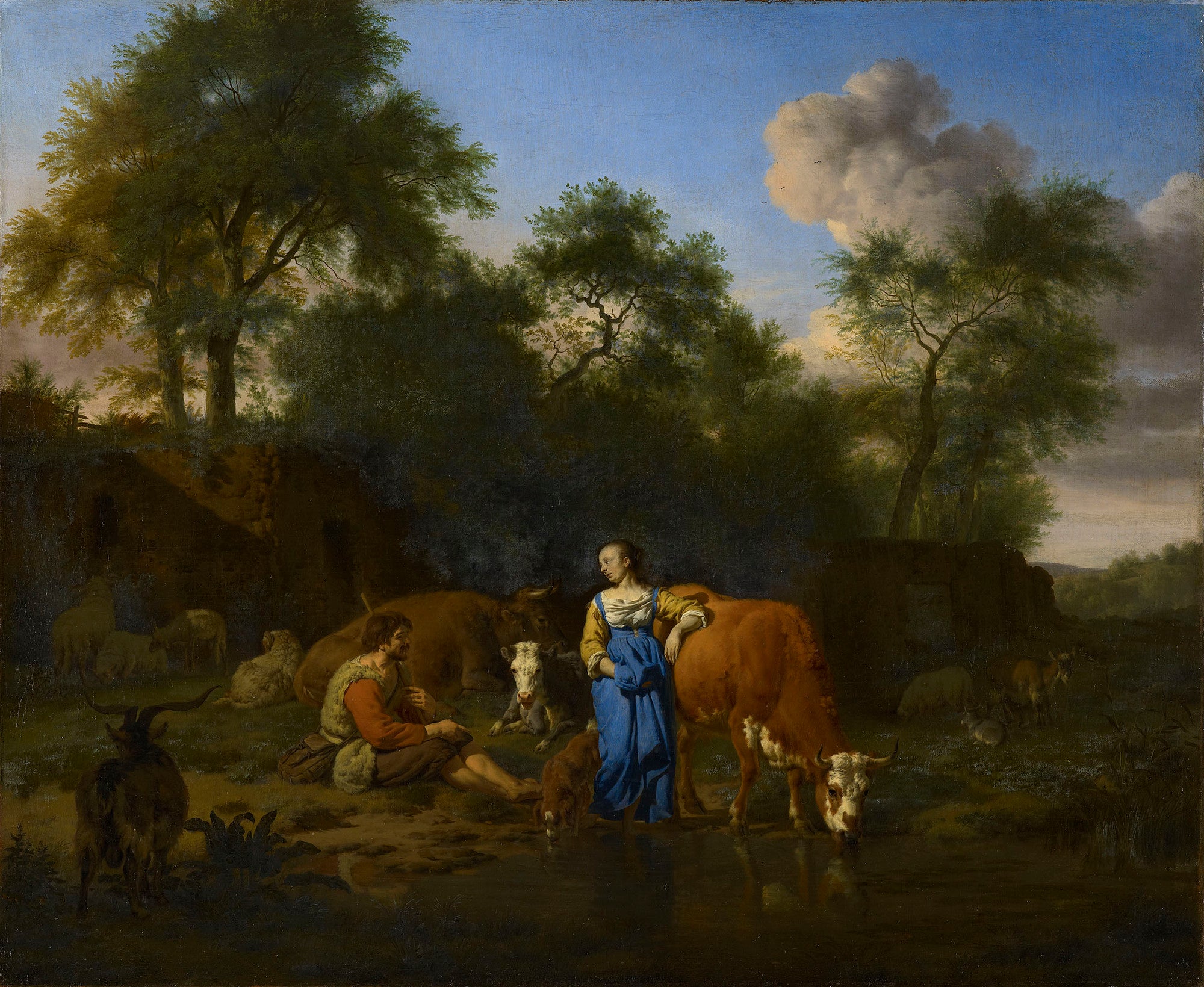 Berger et bergère avec leur bétail au bord d'un ruisseau - Adriaen van de Velde