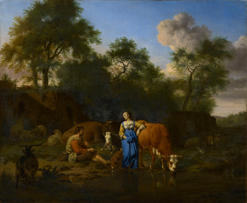 Berger et bergère avec leur bétail au bord d'un ruisseau - Adriaen van de Velde