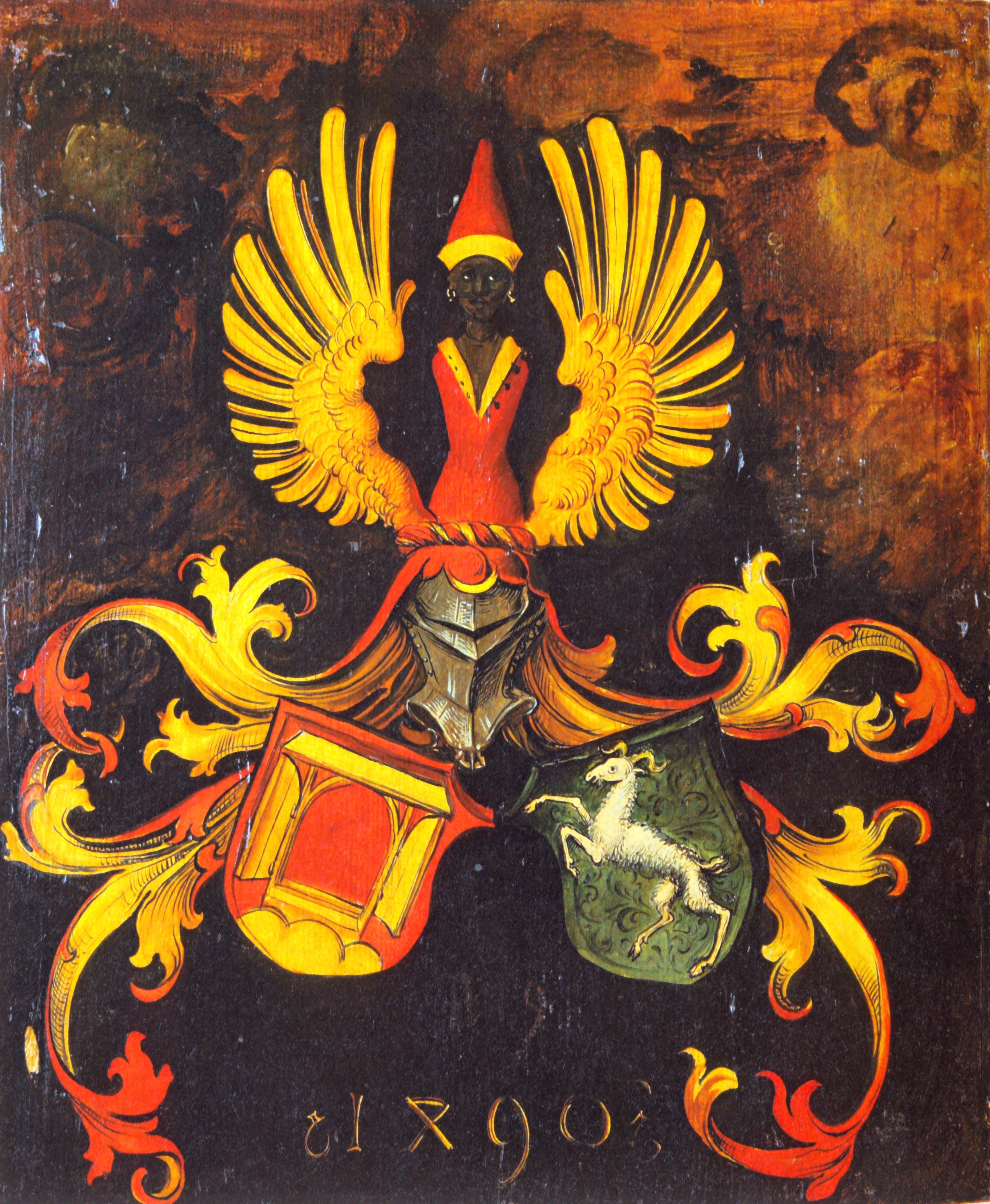 Äktenskapsvapen för familjerna Dürer och Holper. Baksidan av porträttet av Albrecht Dürer den äldre. - Albrecht Dürer