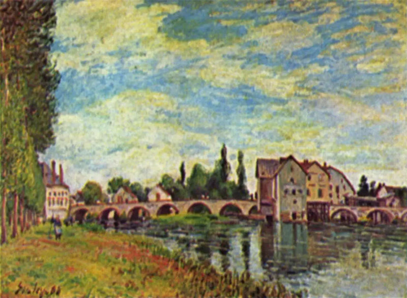 Bro och kvarn i Moret på sommaren - Alfred Sisley