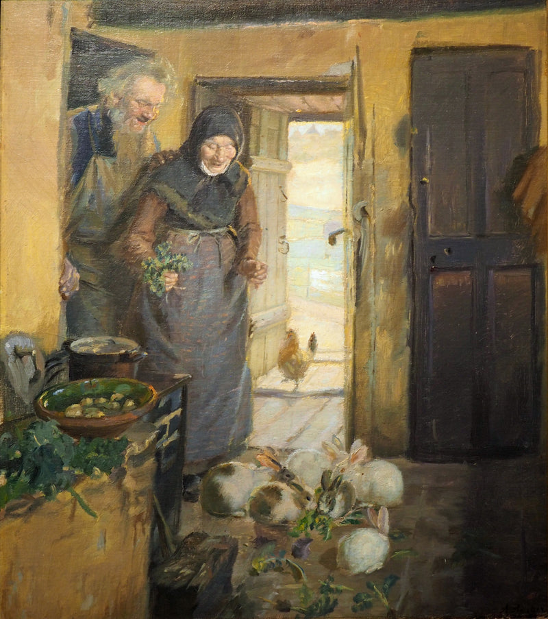 Två äldre personer och deras kaniner - Anna Ancher