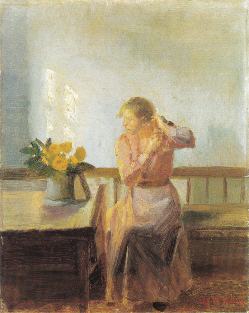 Kvinna sittande, flätar sitt hår - Anna Ancher