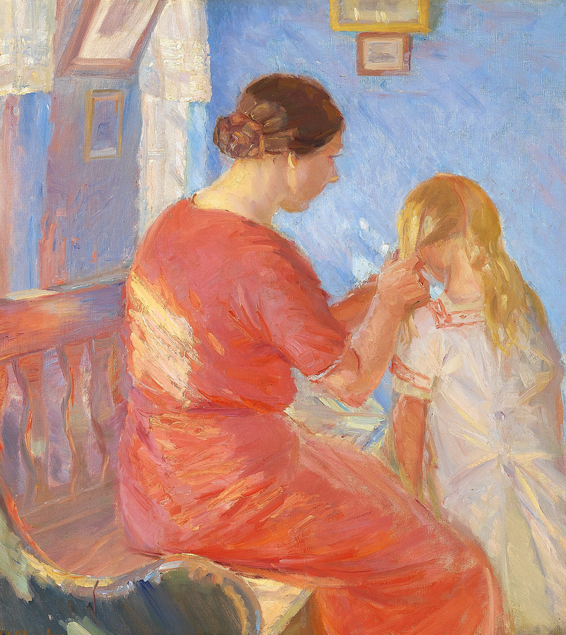 En mor som flätar sitt barns hår. - Anna Ancher