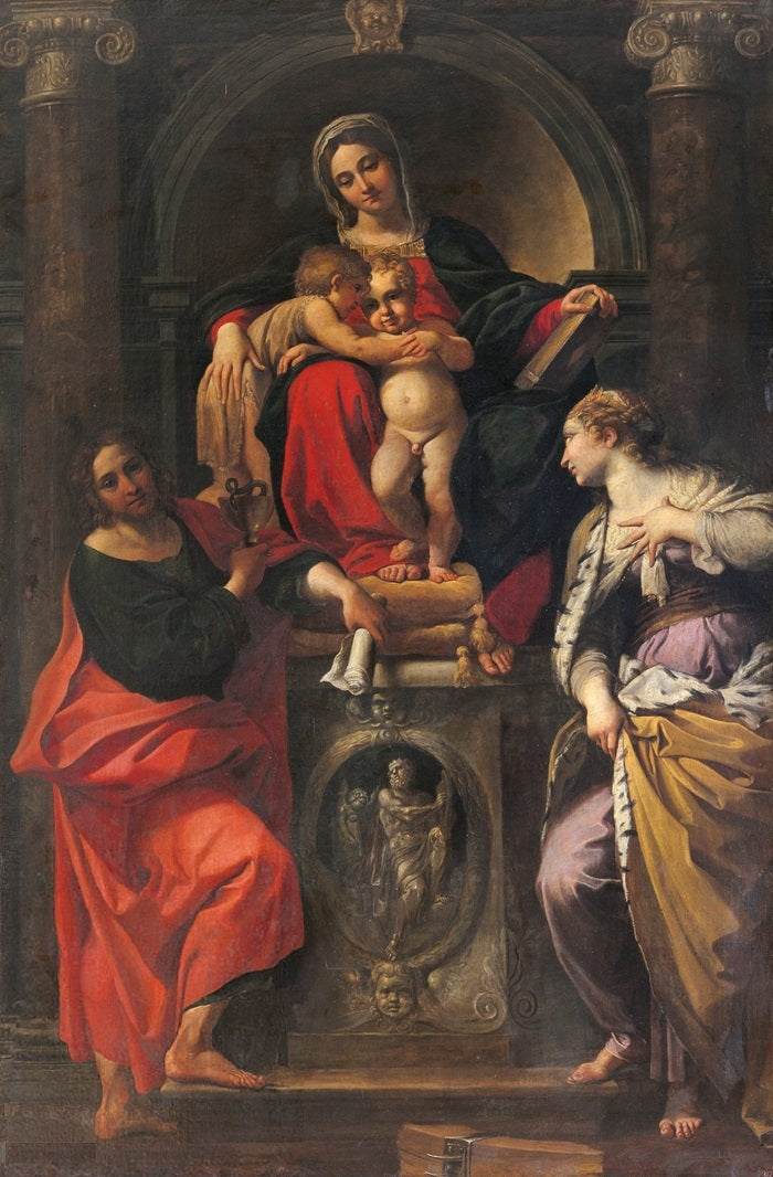 Madonna med barnet tillsammans med helgonen Johannes Döparen, Johannes Evangelist och heliga Katarina - Annibale Carracci