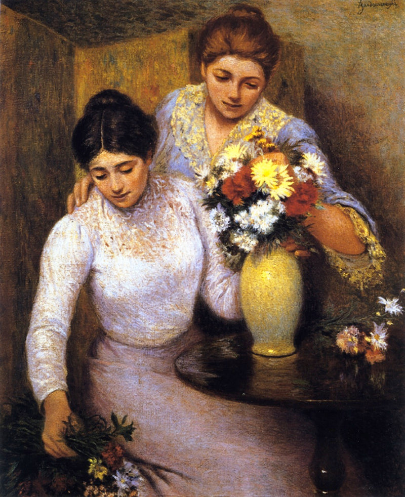 Två flickor som arrangerar blommor - Federico Zandomeneghi