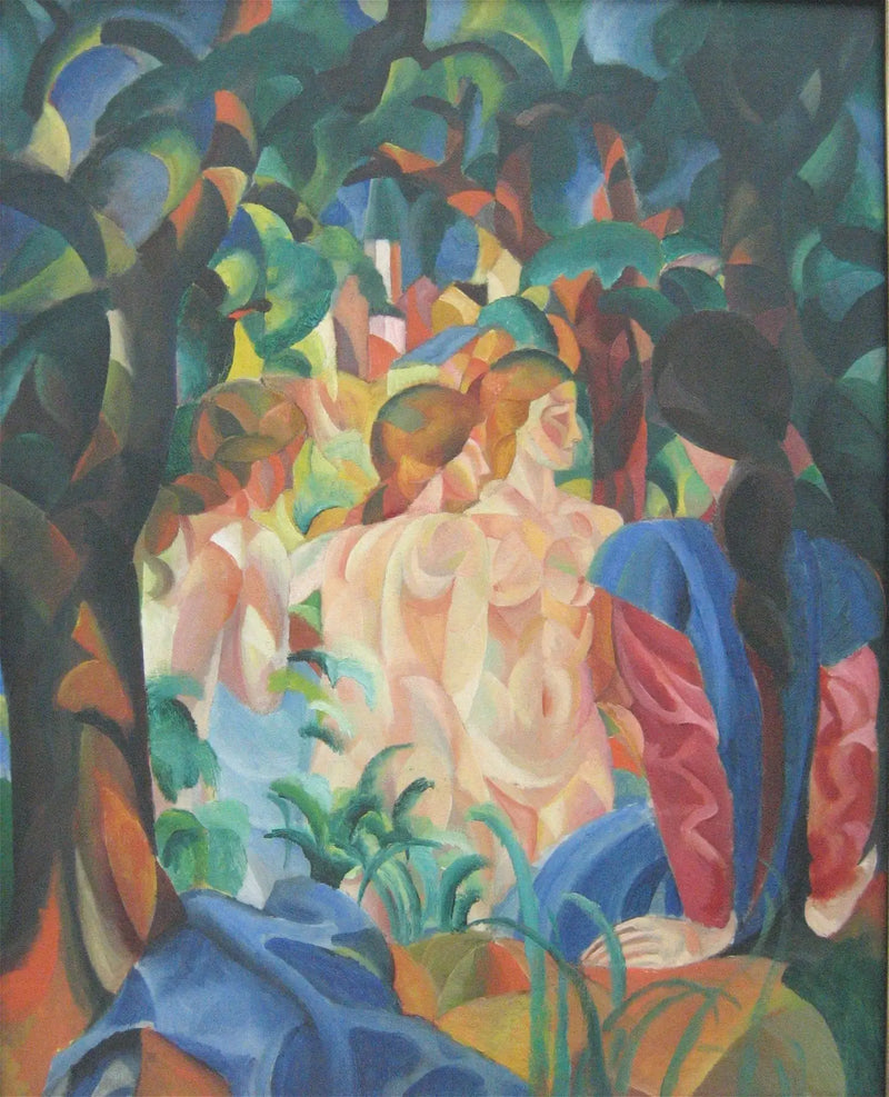 Flickor som badar med staden i bakgrunden - August Macke