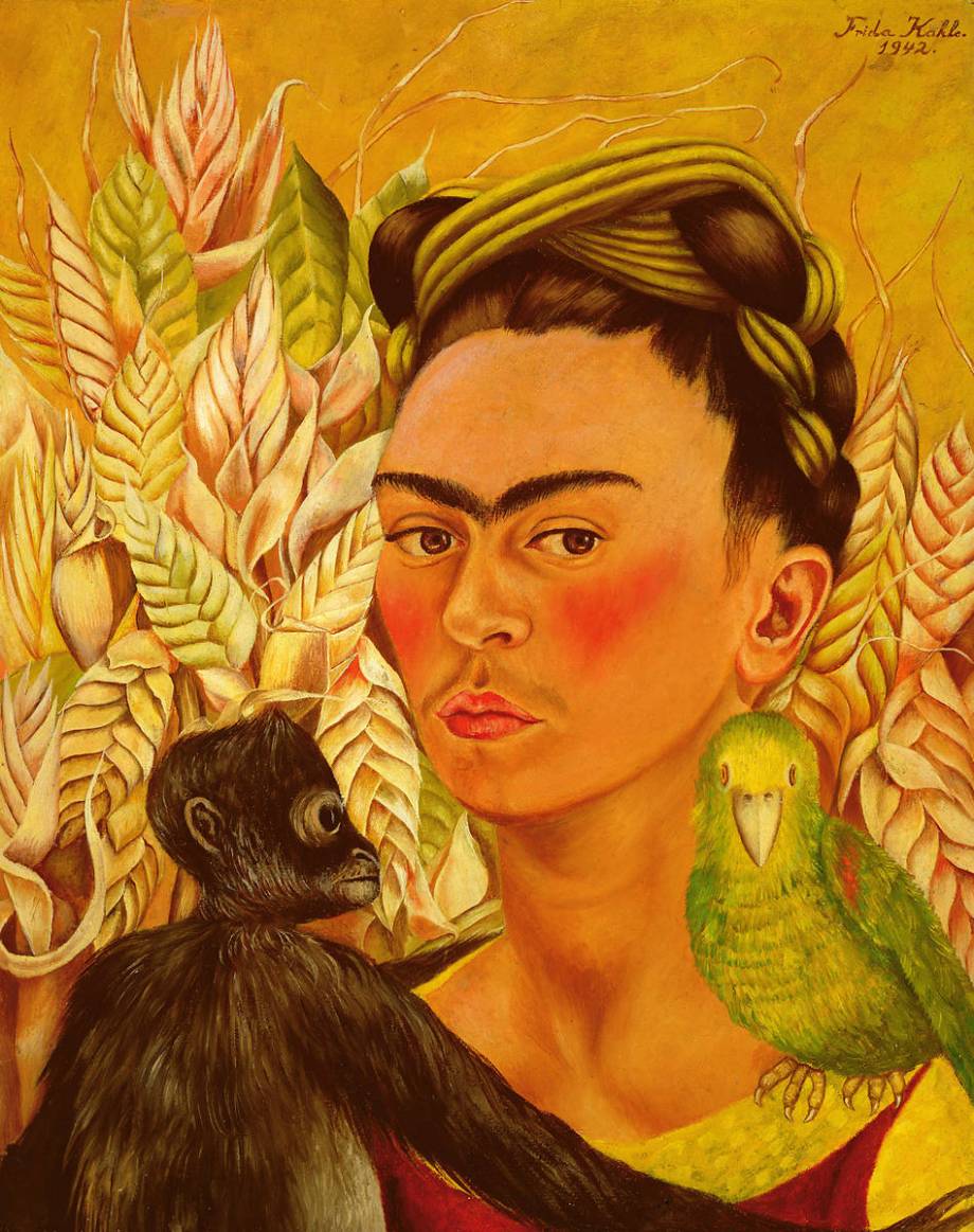 Självporträtt med apa och papegoja – Frida Kahlo (1942)