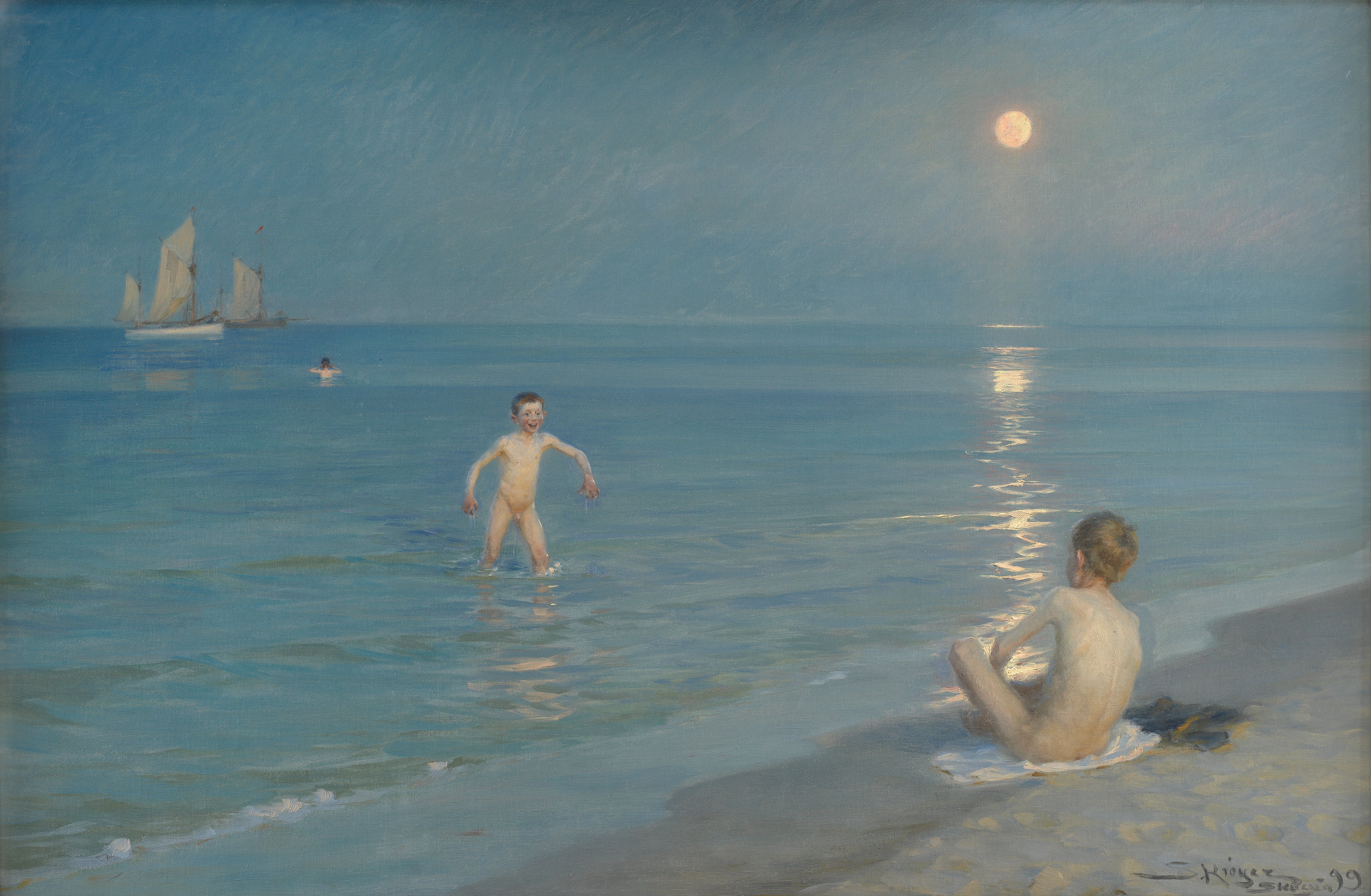 Pojkar som badar i Skagen. Sommarkväll - Peder Severin Krøyer