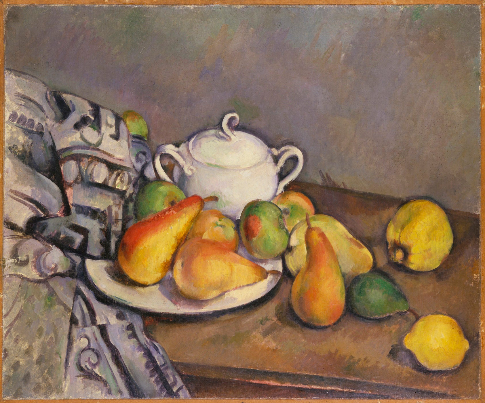 Reproduction du tableau « Sucrier, poires et tapis - Paul Cézanne » par Alpha Reproduction en peinture à l’huile