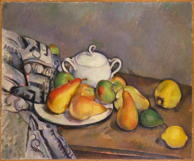 Sockerskål, päron och matta - Paul Cézanne