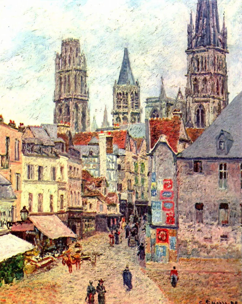 Gatan i livsmedelsbutiken i Rouen, morgon, fuktigt väder - Camille Pissarro