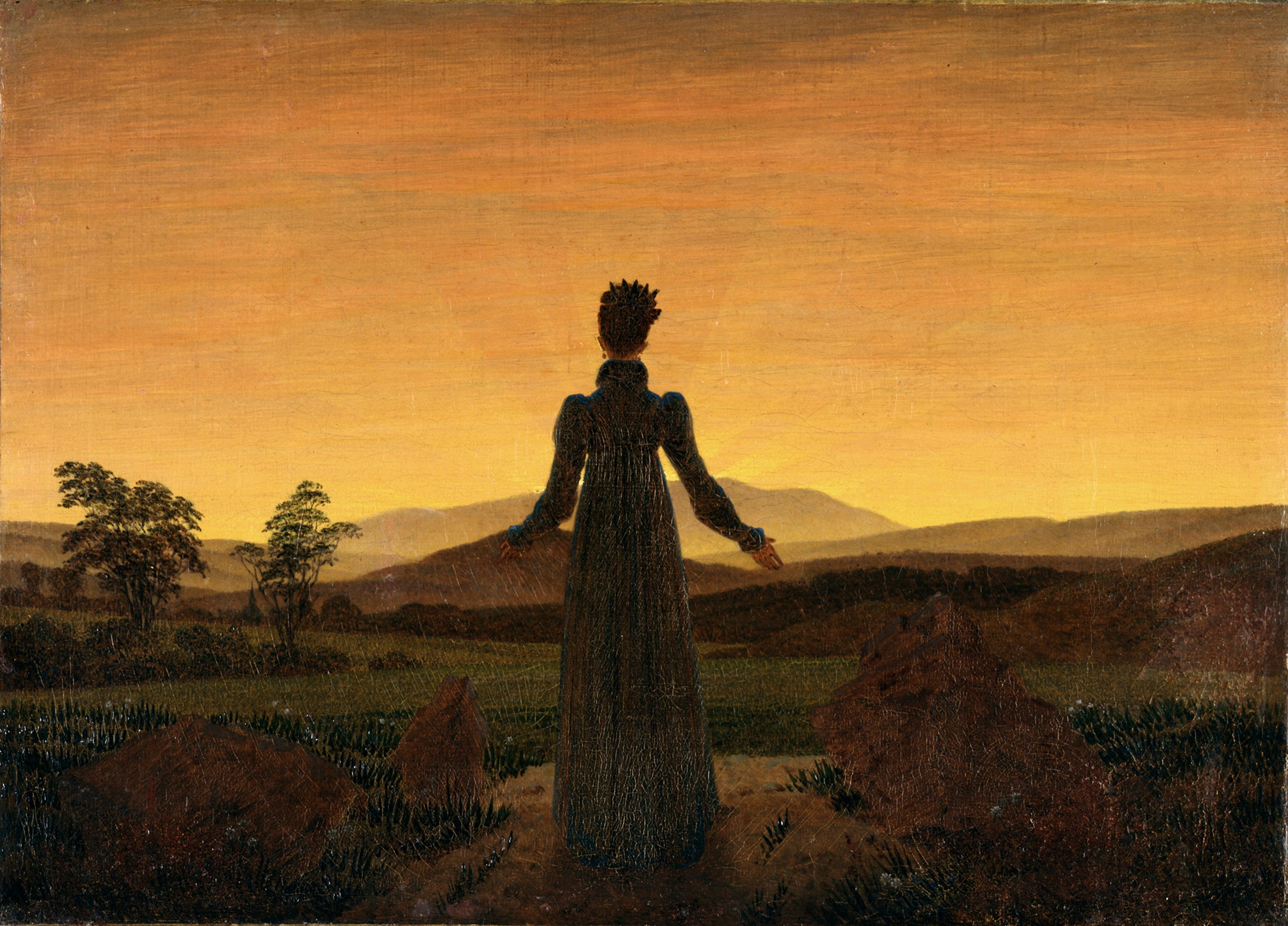 Reproduction du tableau « Femme devant le coucher de soleil - Caspar David Friedrich » par Alpha Reproduction en peinture à l’huile