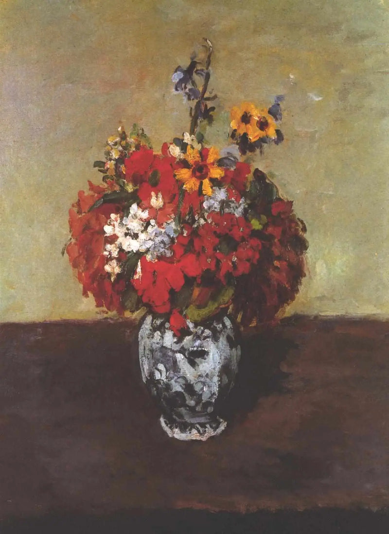 Pelargoner och stormhatt i en liten Delft-vas - Paul Cézanne
