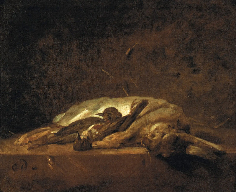 En kanin, två döda törnar och några strån av halm på ett stenbord - Jean Simeón Chardin