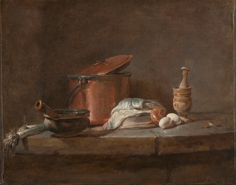 Köksredskap med purjolök, fisk och ägg - Jean Simeón Chardin