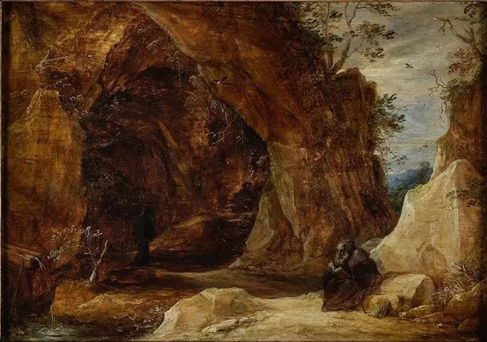 Den sittande ermiten på en klippa vid ingången till en grotta - David Teniers den yngre