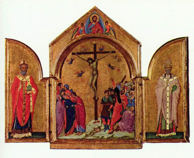 Triptyk: Korsfästelsen; Frälsaren med änglarna; Sankt Nikolaus; Sankt Gregorius - Duccio di Buoninsegna