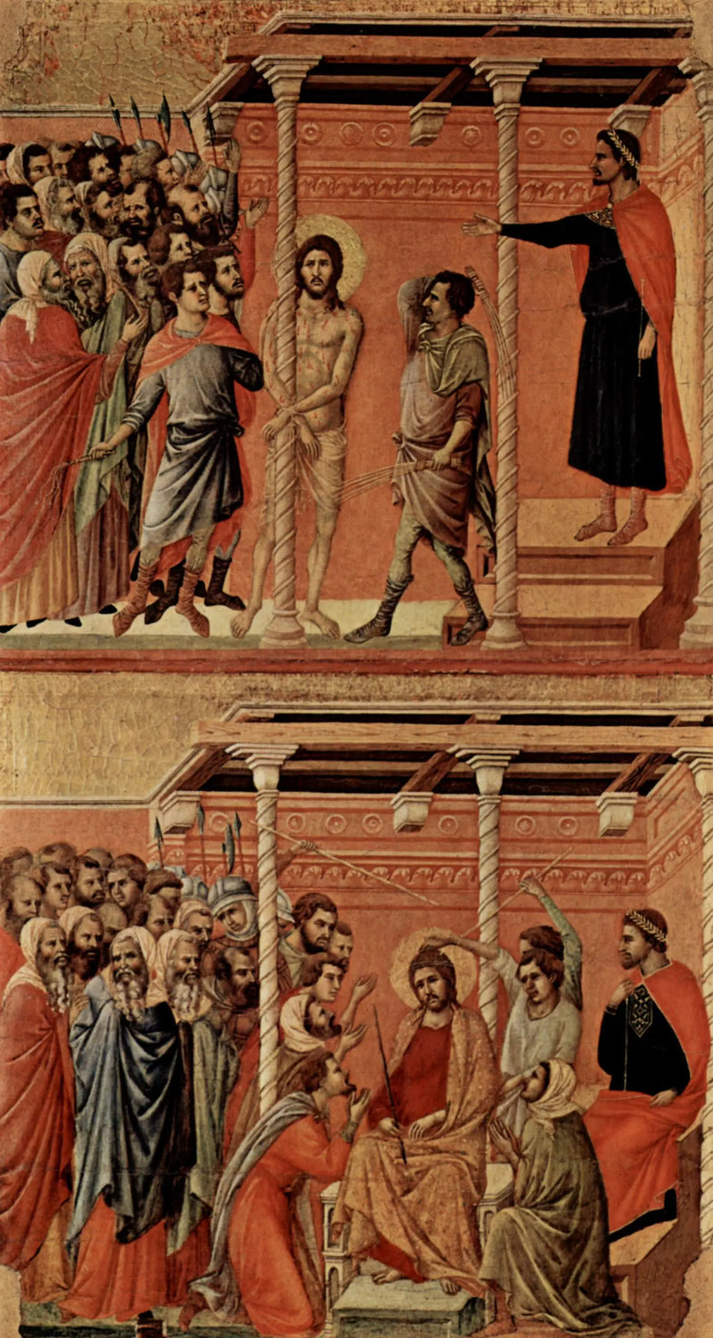 Flagellation (uppe) ; Kristus krönt med törne (nere) - Duccio di Buoninsegna