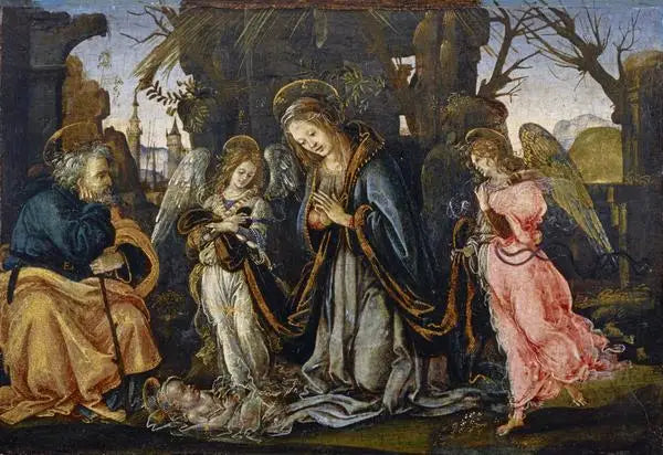 Födelsen med två änglar - Filippino Lippi