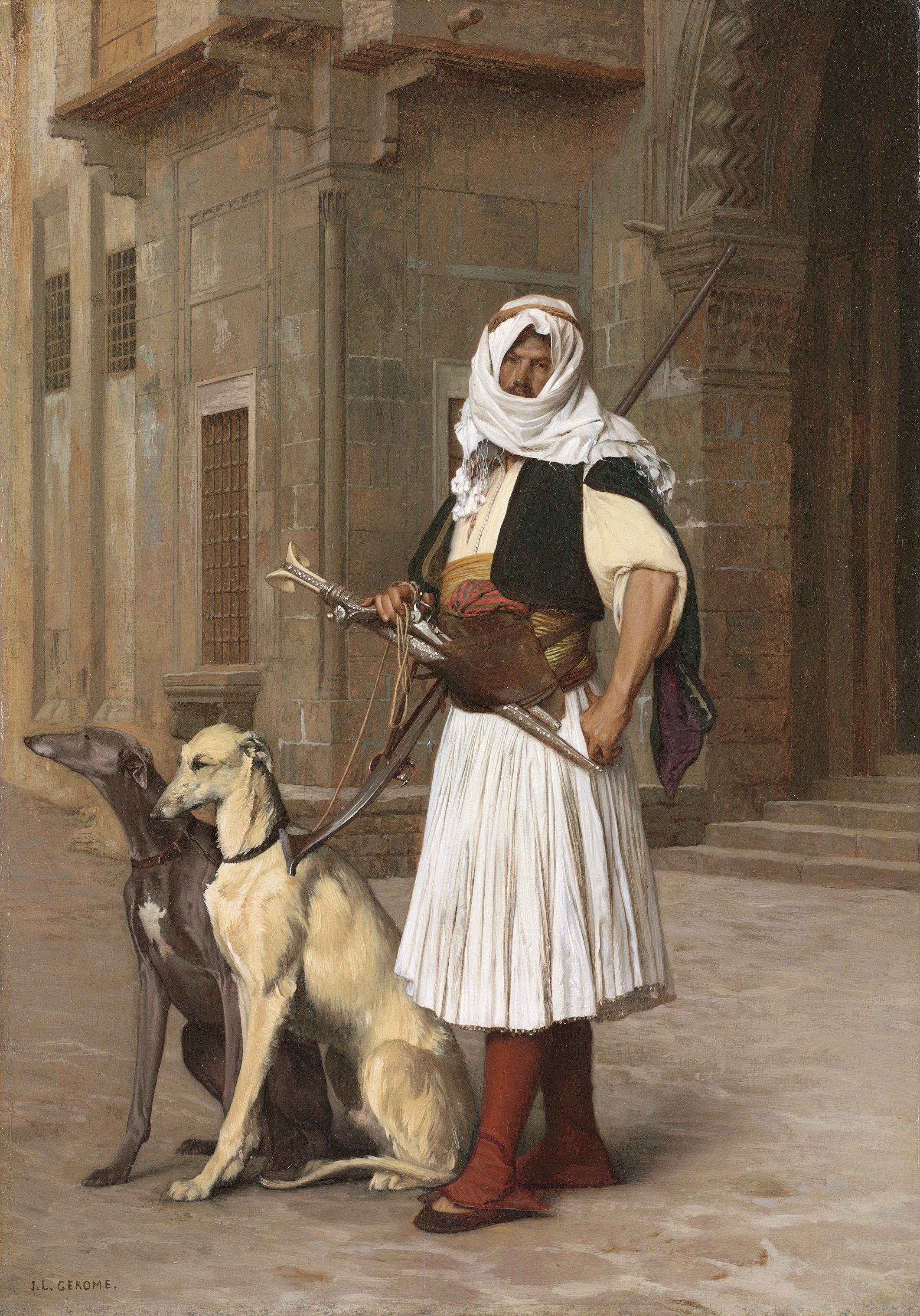 Reproduction du tableau « Arnaute avec deux chiens whippets - Jean-Léon Gérôme » par Alpha Reproduction en peinture à l’huile