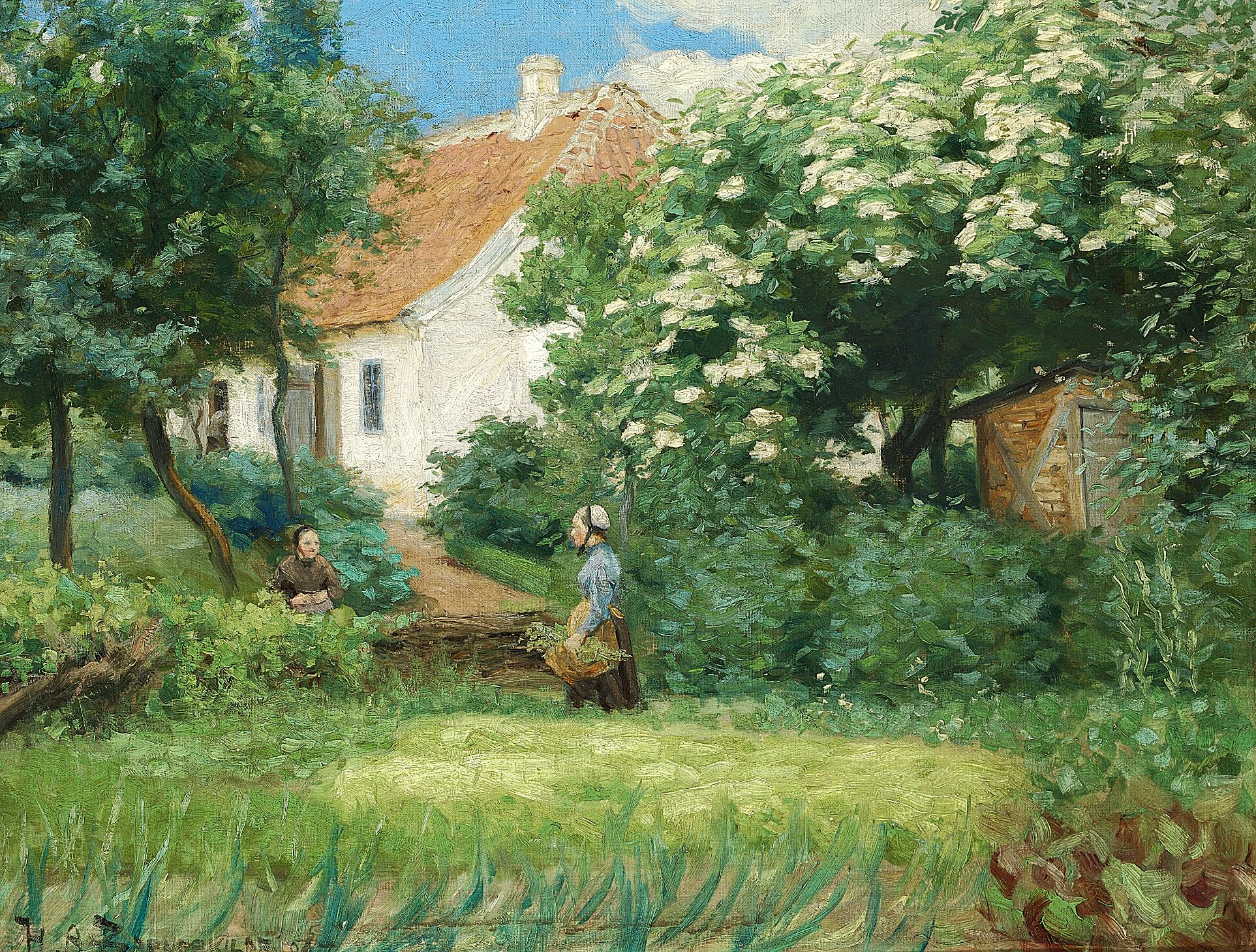 L'été au jardin. Deux femmes discutent près d'un châtaignier en fleurs. - H. A. Brendekilde