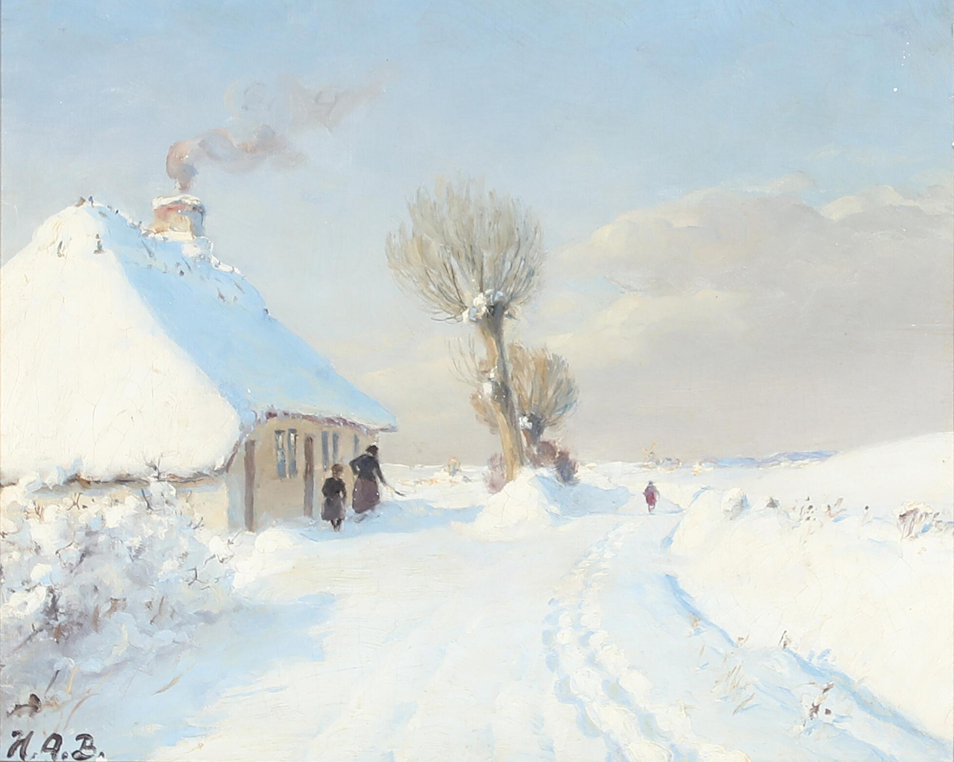 Journée d'hiver ensoleillée avec mère et enfant devant un chalet. - H. A. Brendekilde