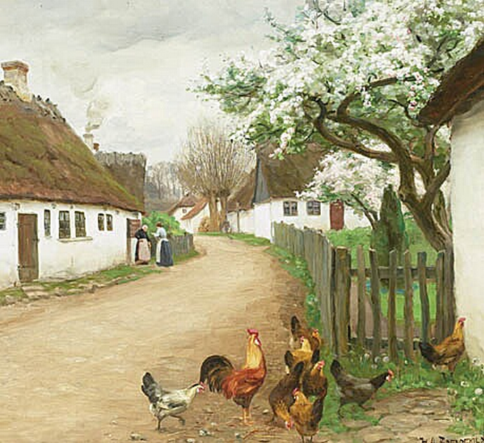 Rue du village avec des poules et deux femmes qui discutent. - H. A. Brendekilde