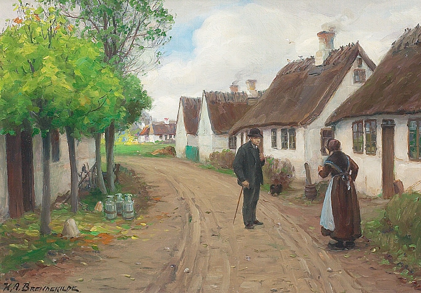 Scène de village de Jyllinge avec des personnes qui parlent. - H. A. Brendekilde