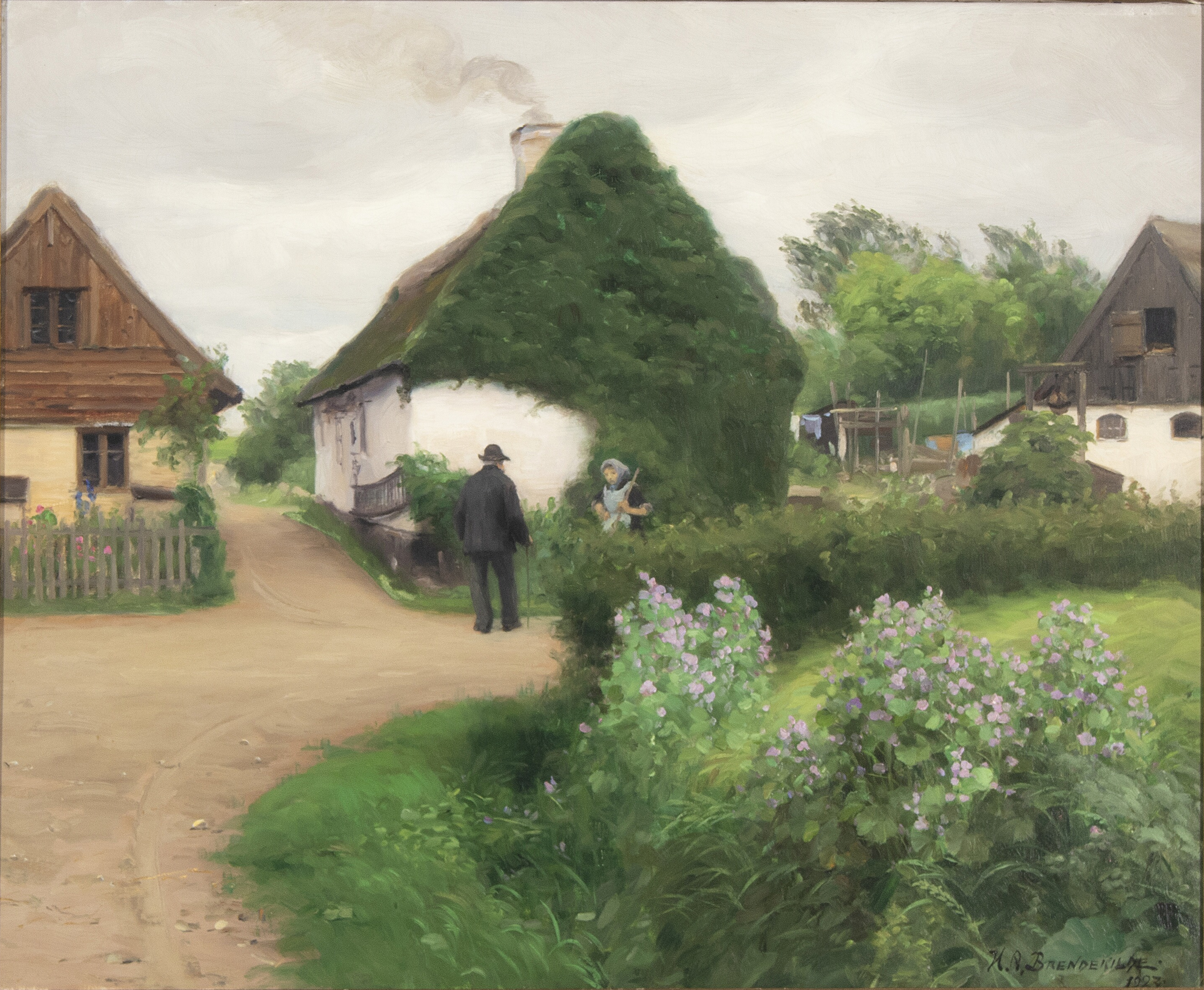 Paysage d'un village avec des personnes en conversation - H. A. Brendekilde