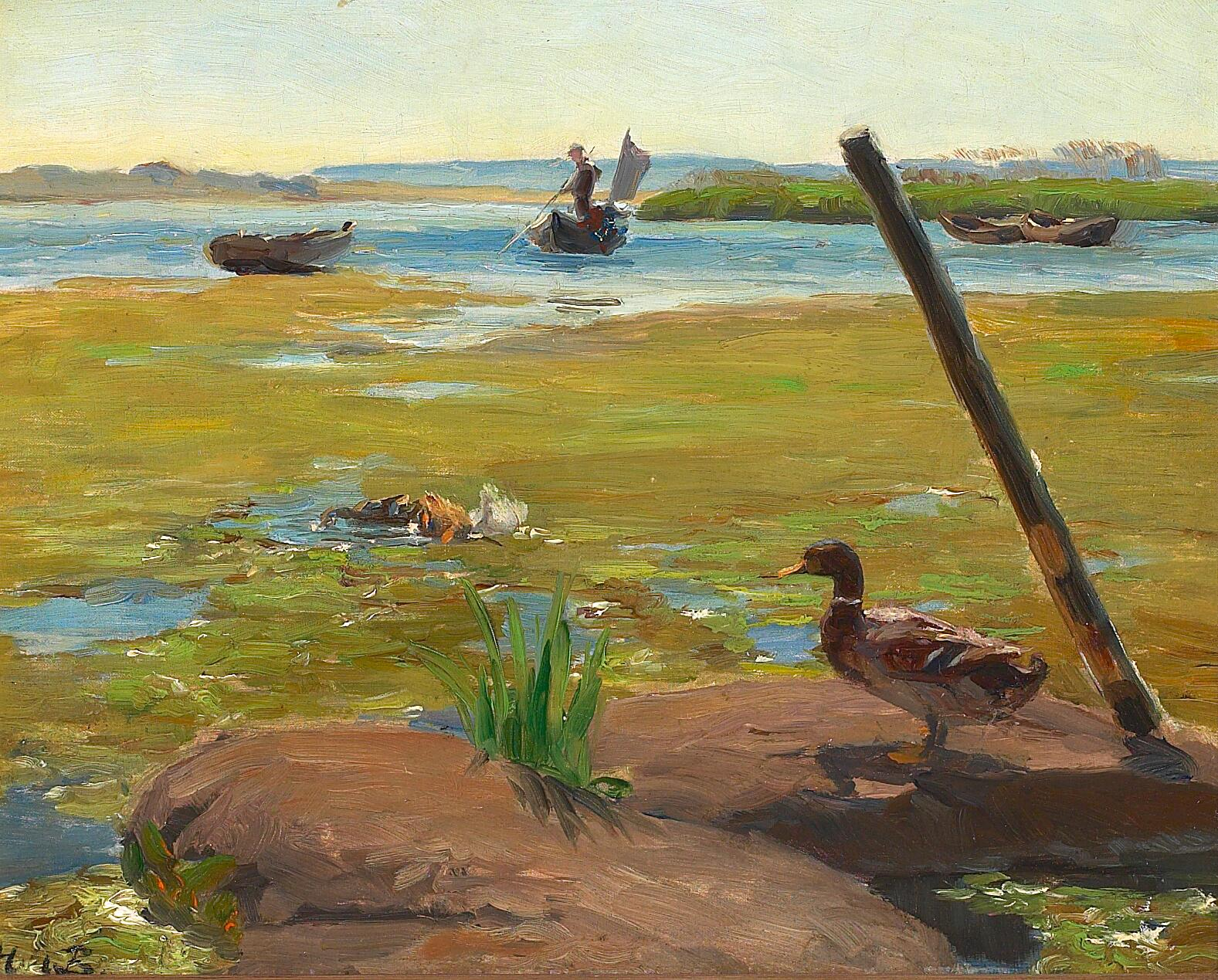 Paysage près de Jyllinge avec un canard. À l'arrière-plan, un homme fait du punting. - H. A. Brendekilde