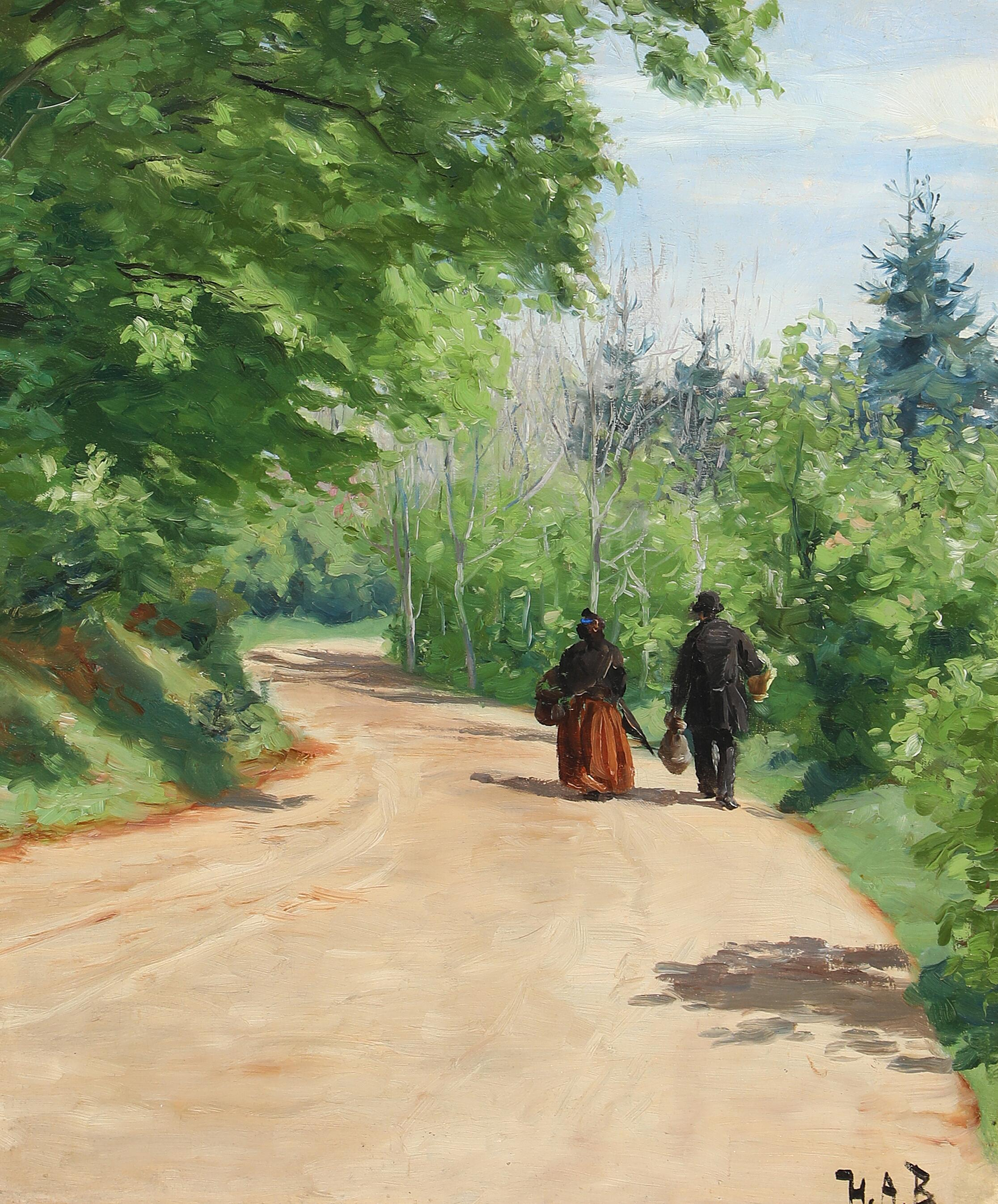 Route forestière printanière avec un couple en marche. - H. A. Brendekilde