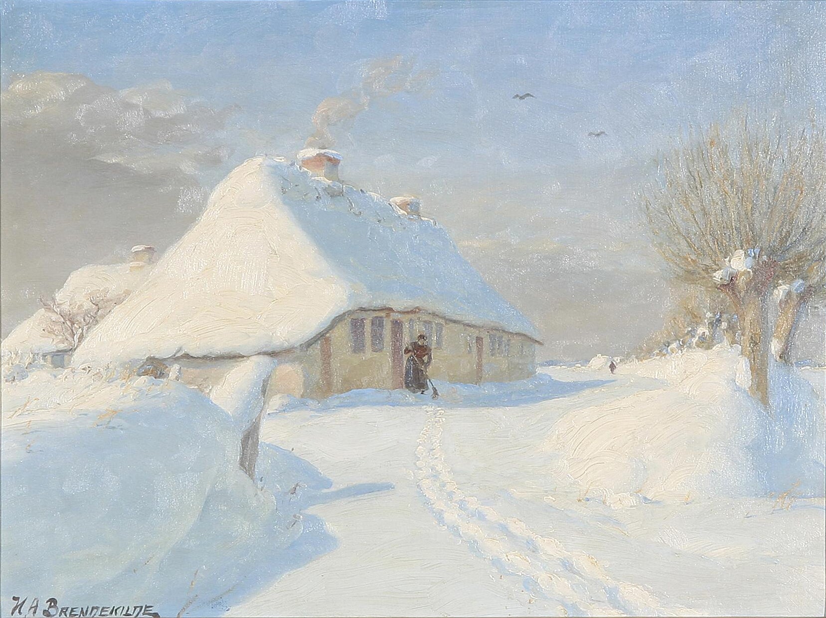 Paysage d'hiver avec une femme dans une ferme. - H. A. Brendekilde