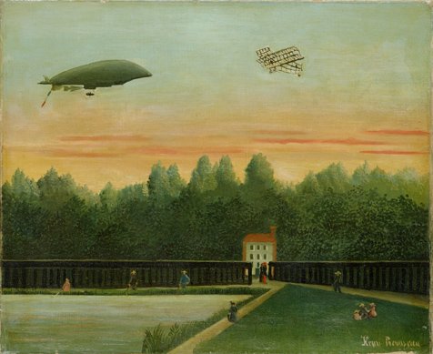 Paysage avec le dirigeable République et un avion Wright - Henri Rousseau