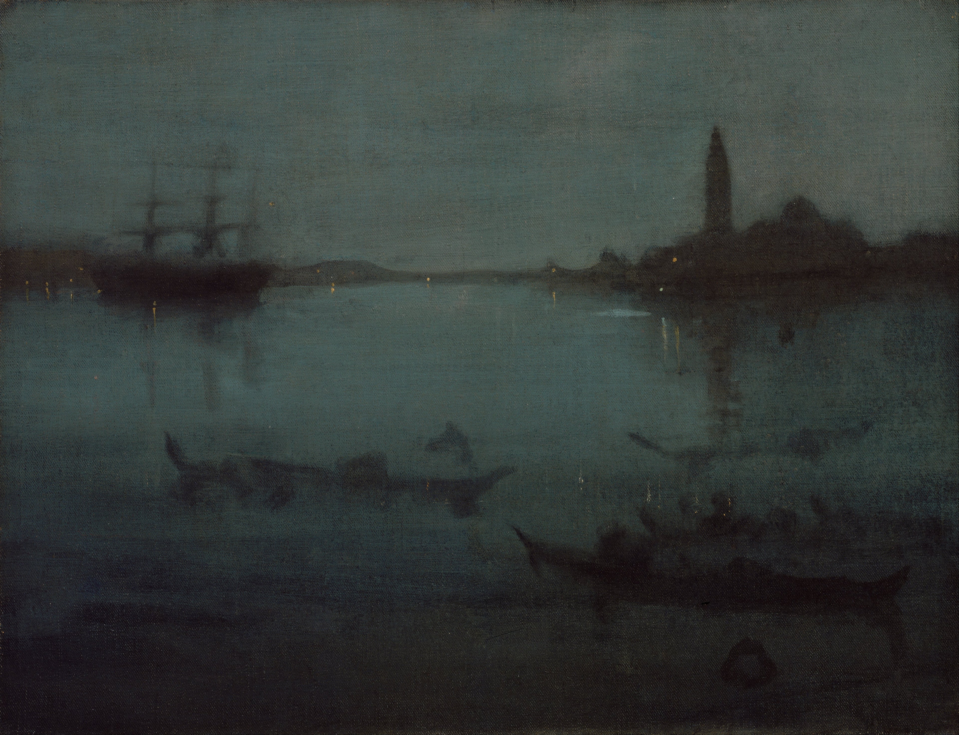 Reproduction du tableau « Nocturne en bleu et argent : La lagune, Venise - James Abbott McNeill Whistler » par Alpha Reproduction en peinture à l’huile
