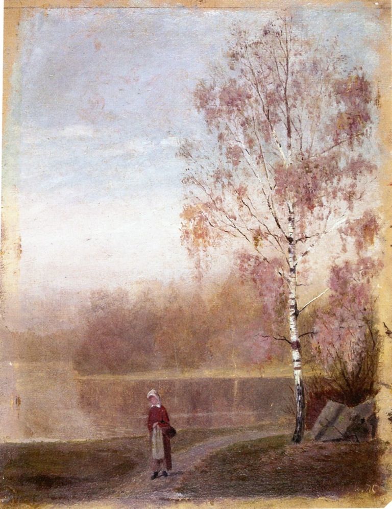 Reproduction du tableau « Paysage avec une femme marchant le long d'un lac - Edvard Munch » par Alpha Reproduction en peinture à l’huile