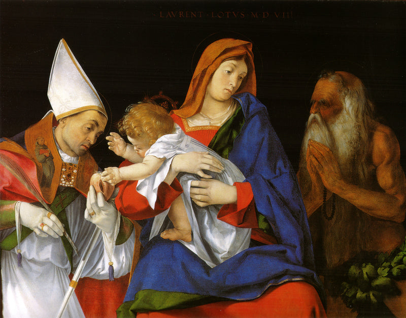 Jungfru med barnet med helgonen Ignatius av Antiokia och Onuphre - Lorenzo Lotto