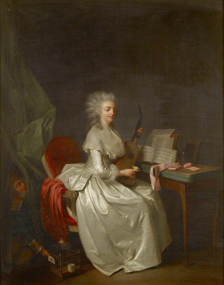 Une jeune femme jouant de la guitare avec un oiseau chanteur dans sa main - Louis-Léopold Boilly