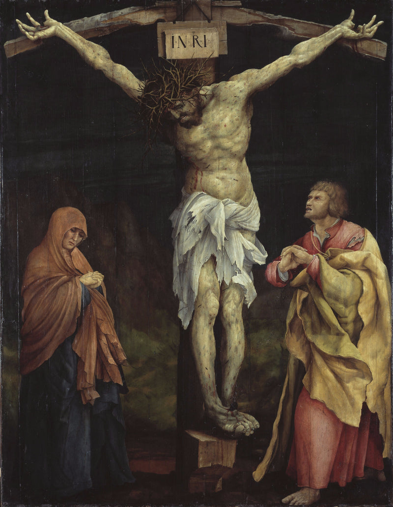 Retabel från Tauberbischofsheim: Kristus på korset med Maria och helige Johannes - Matthias Grünewald
